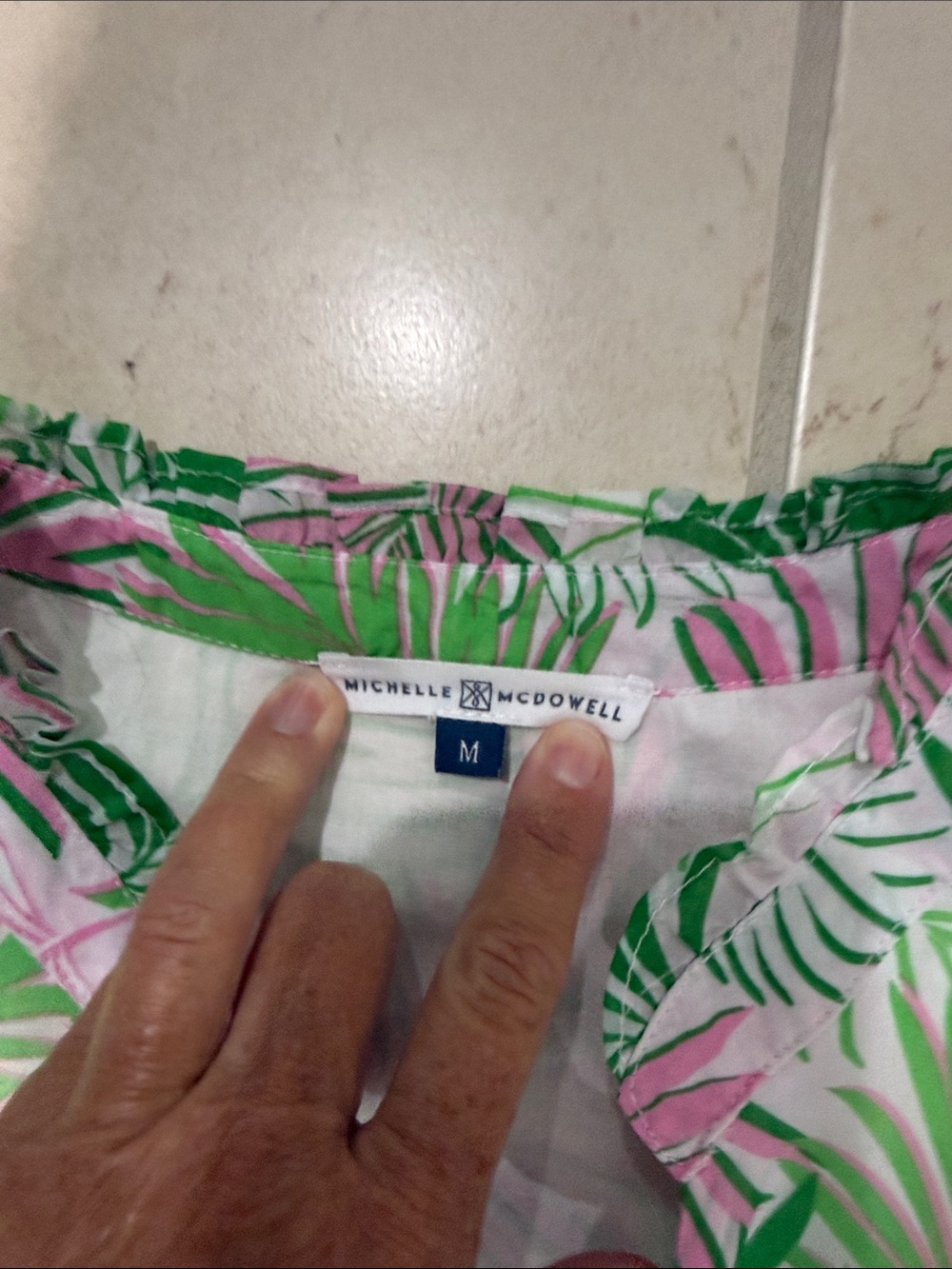 Michelle McDowell Tropical Pink & Green Leaf Flutter Sleeve Blouse - Picture 2 of 7